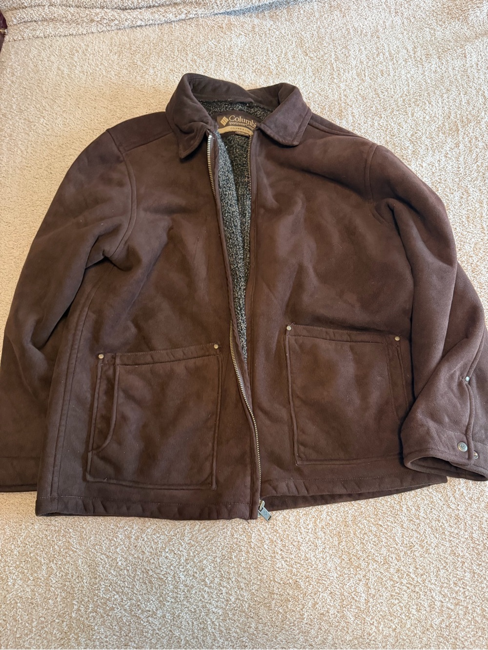 Columbia Men's Faux Suede Sherpa Lined Jacket Dark Brown Zip Up Coat Size Large